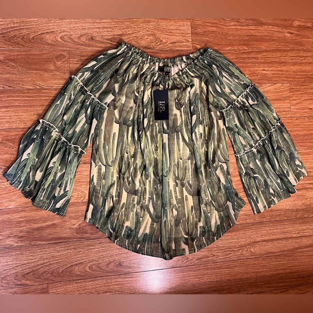 Lucky and Blessed cactus print peasant blouse/top.